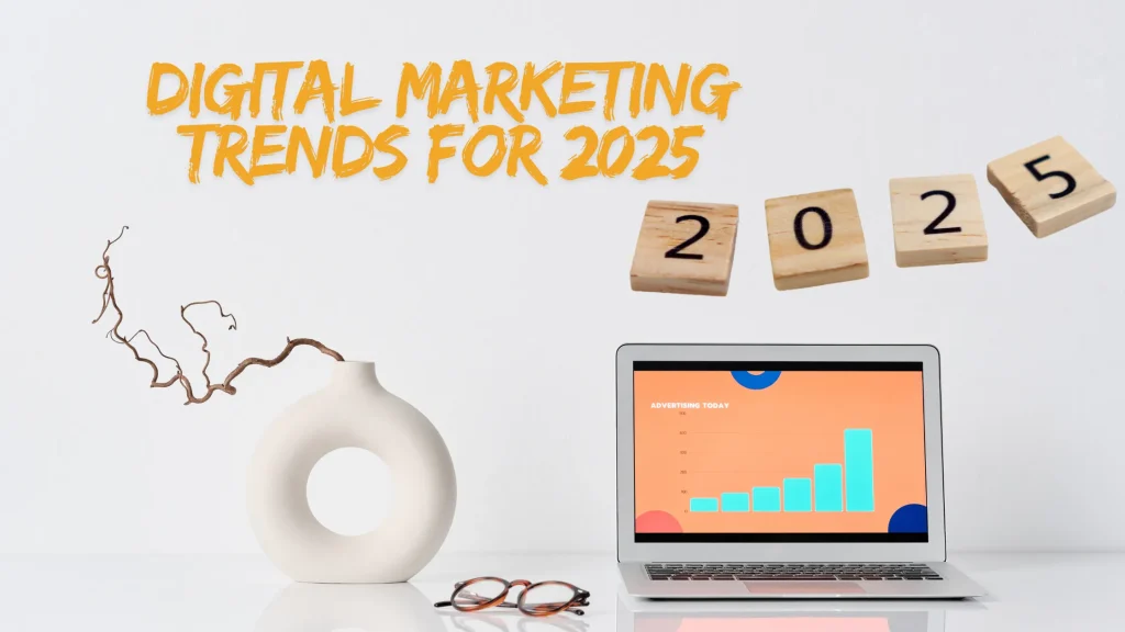 Digital marketing trends for 2025 with a graph displayed on a laptop, symbolizing growth and evolving strategies.