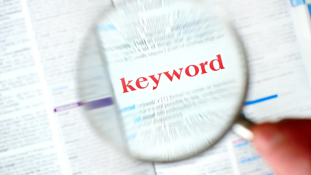 A dictionary entry showing the word 'keyword' being examined, representing keyword research for SEO.
