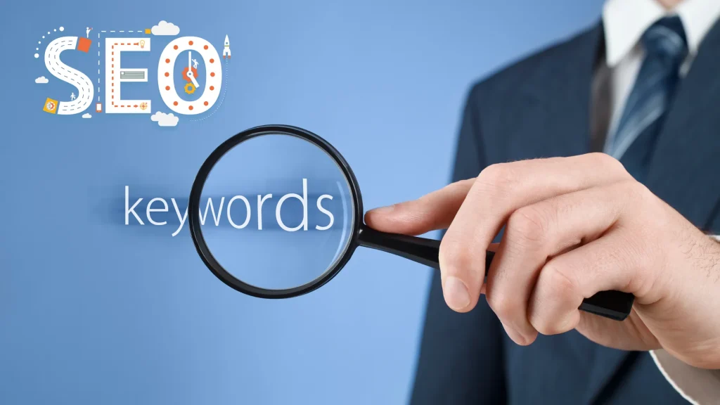 A businessman using a magnifying glass to analyze keywords for SEO keyword research and optimization.
