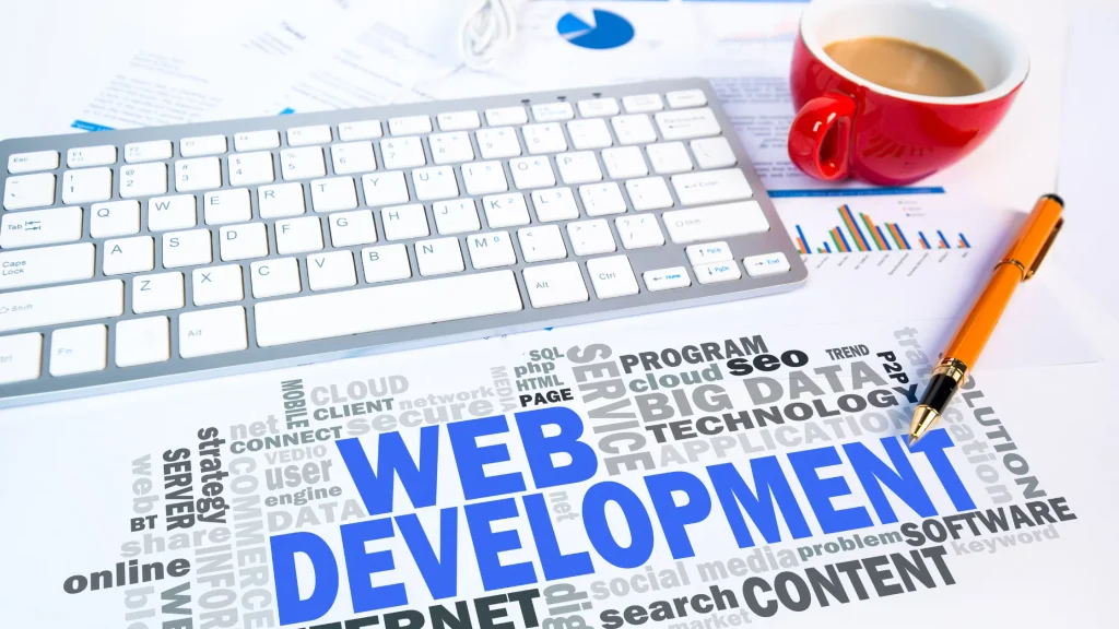 A workspace showing Node.js web development with a coffee cup and keyboard, focusing on tech keywords.