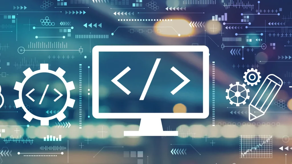 A digital display of Node.js coding symbols and technical tools, illustrating web development techniques.