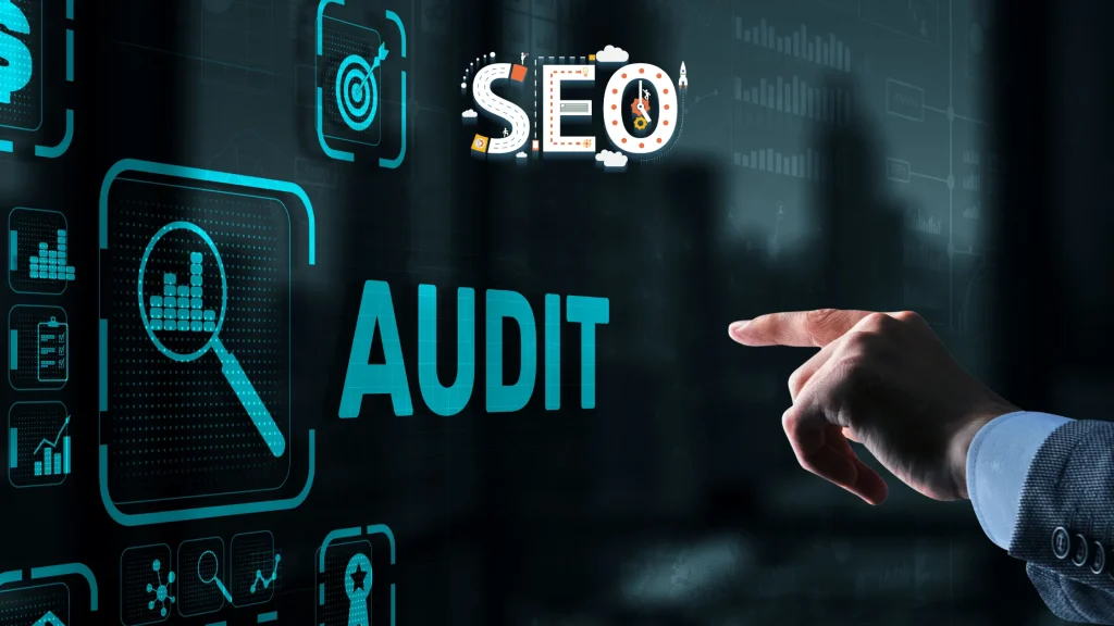 A business professional pointing at a digital interface showing graphs and SEO audit data for technical SEO audit services.