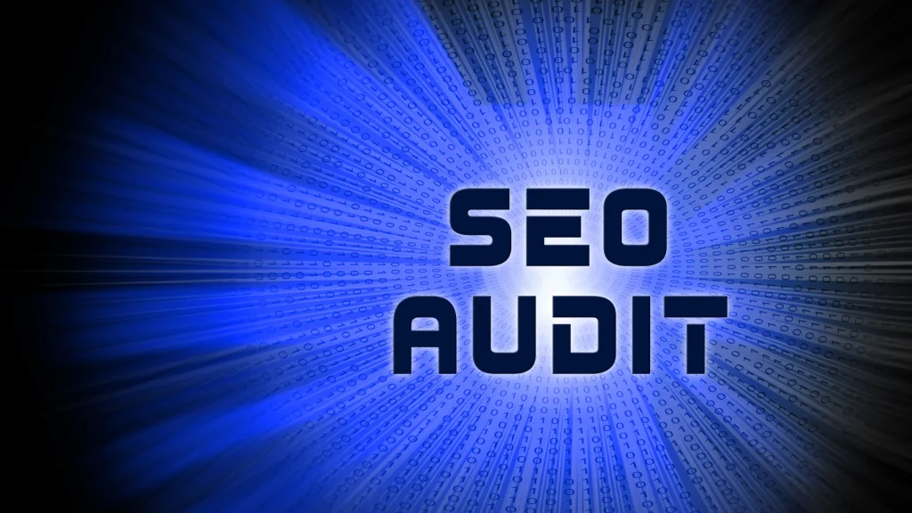Dynamic blue background with the text 'SEO AUDIT,' representing technical SEO audit services.