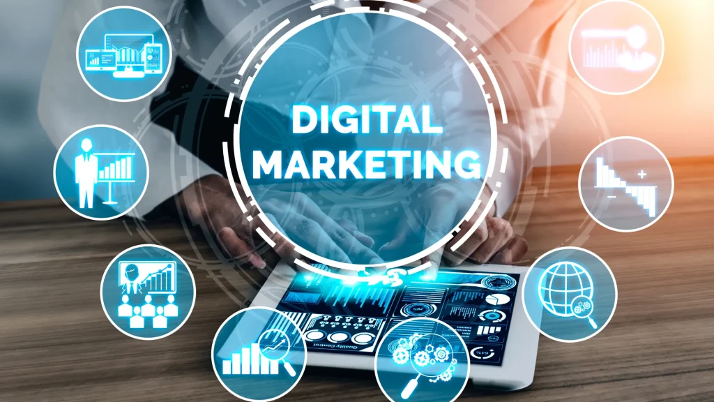 Digital Marketing agency services for startups with analytics and strategies displayed on tablet.